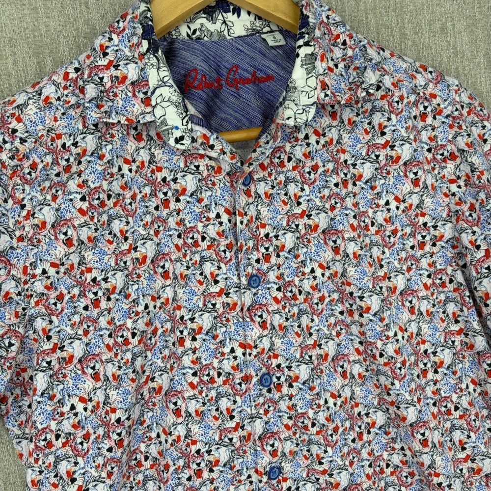 Robert Graham Button Up Mens S White Tiger Floral Print Classic Fit Short Sleeve